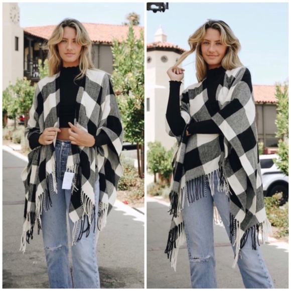 Ivory & Black Buffalo Plaid Poncho Sweater Wrap - Picture 2 of 5